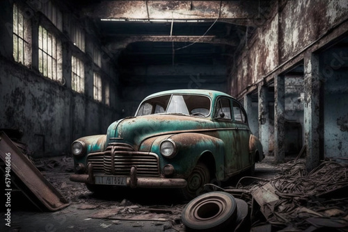 Old abandoned and damaged retro vintage rusty classic car in a deposit. Ai generated