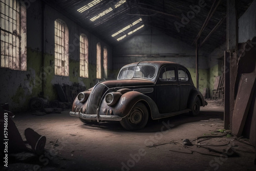 Old abandoned and damaged retro vintage rusty classic car in a deposit. Ai generated © dragomirescu