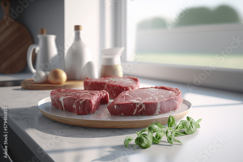 fresh raw beef meat steak slices on wooden cut board in a modern white, spacious kitchen, Created using generative AI tools.