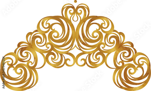 Golden baroque frame with floral vintage decoration, border for design template. Gold element in Rococo style, tracery.