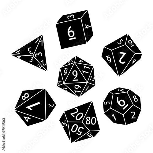 Set of dnd dice for rpg tabletop games. Polyhedral dices with different sides d4 d10 d20 d100. Black silhouettes and white numbers. Vector illustration