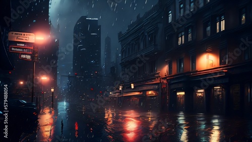 Fotografia, Obraz Urban Chaos: Heavy Rain and Dark Night Brings Life to the City Streets