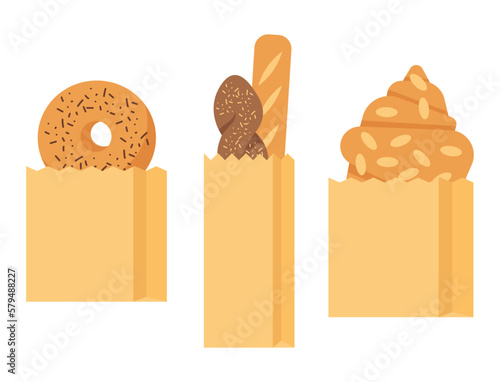 Bread icons set. Vector bakery pastry products - rye, wheat and whole grain bread, french baguette, croissant, bagel, roll, donut, bun, loaf wicker bun flat illustration isolated on white background