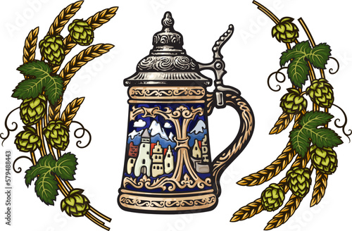 Old German stein beer mug in frame of hop branches. Hand drawn vector illustration isolated on white background.