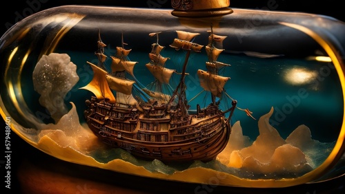 Fotografia An Ocean in a Bottle: A Miniature Pirate Ship