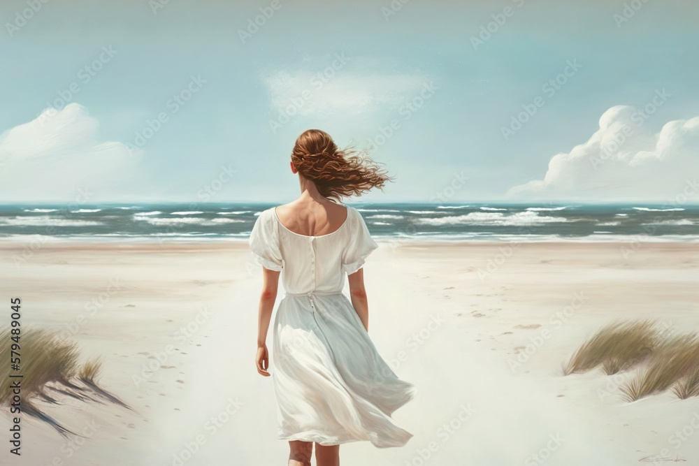 Obraz Young woman walks on beach alone, girl wearing white dress by sea, generative AI. fototapeta, plakat