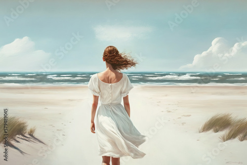 Leinwand Poster Young woman walks on beach alone, girl wearing white dress by sea, generative AI