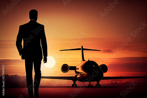 Rich business man in front of private jet. generative AI