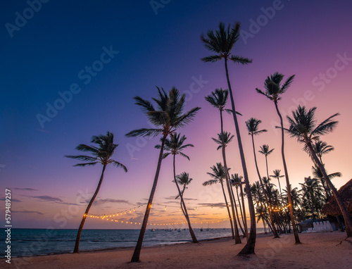 blurred light bokeh with coconut palm tree background on sunset  tropical sea and sand. yellow string lights with bokeh