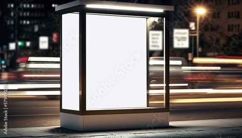 Mockup of blank advertising light box on bus stop on blurred city street background, generative AI