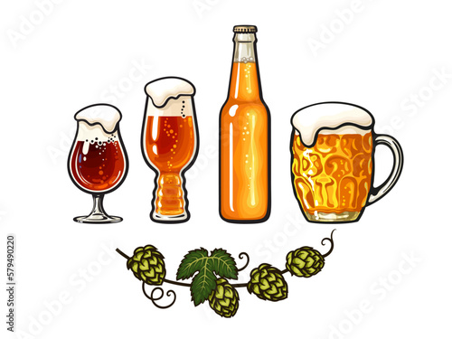 Branch of hop, mug full of beer with foam and bubbles, bottle, beer glasses. Vector illustration.