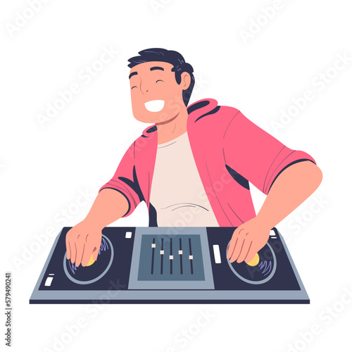 Male DJ playing music at console mixer. Smiling Man musician in headphones mixing audio sounds on deck cartoon vector illustration