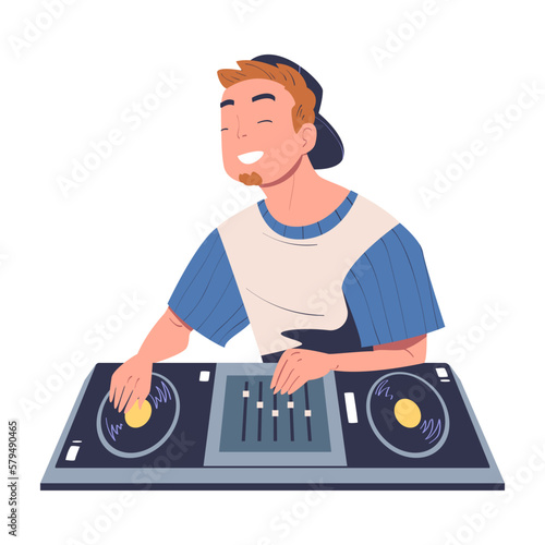 Cheerful man club DJ playing music at console mixer cartoon vector illustration