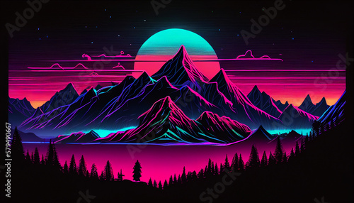 synthwave style  mountains  colorful  sunset  panorama  view  wallpaper  background with moon