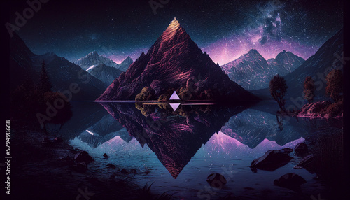 mountain in shape of triangle, reflected in water from lake, mountains panorama, night, starry sky