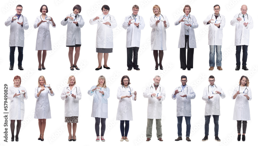 group of doctors holding jar isolated on white group of doctors holding jar isolated on white