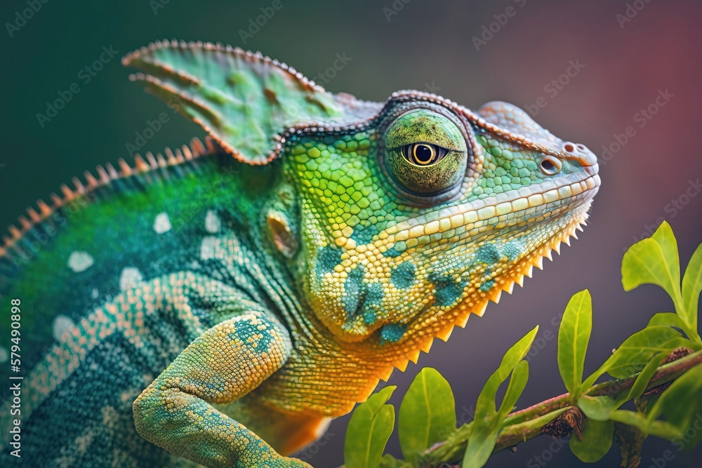 Fototapeta premium Portrait of a chameleon with bright exotic skin in green colors. Generative AI