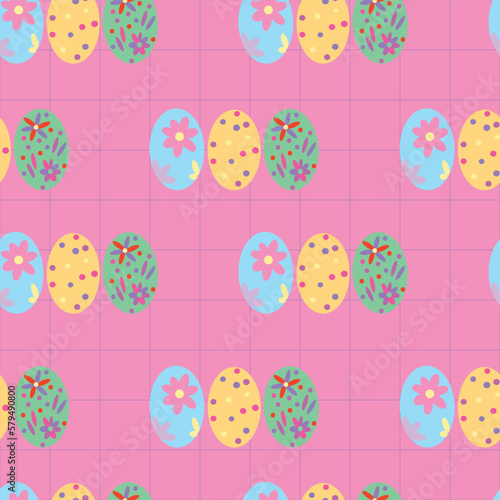 pink Happy Easter decorated eggs background pattern. Vector pattern.