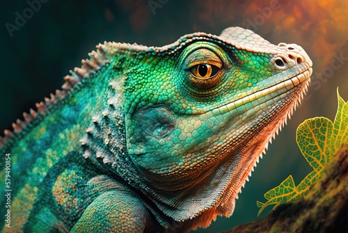 Portrait of a chameleon with bright exotic skin in green colors. Generative AI