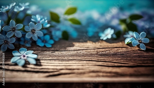 Empty wooden surface with with blue spring lilac blossom background, generative ai