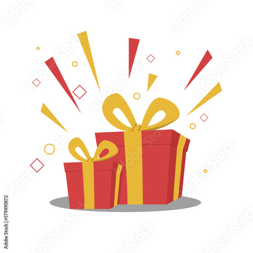 surprise red gift box, birthday celebration, special give away package, loyalty program reward, wonder gift with exclamation mark, vector icon, flat illustration
