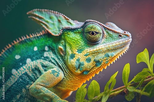 Portrait of a chameleon with bright exotic skin in green colors. Generative AI