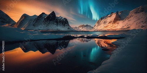 Photography Captivating Frozen Mountains with blue Aurora and Lake Reflection - Generative A