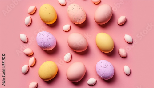 Pastel Easter eggs on warm pink background top view. Flat layout style 