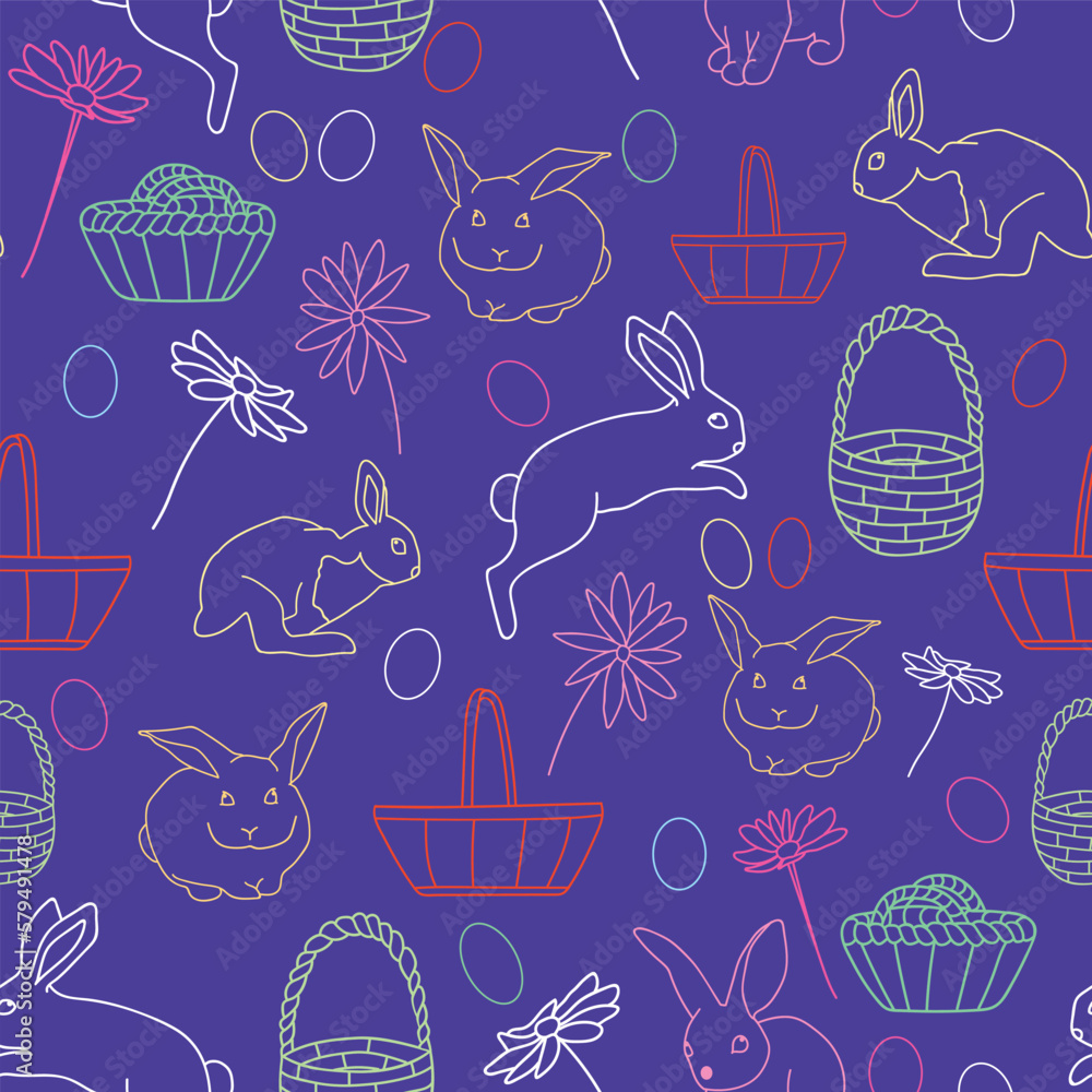 Blue Happy Easter bunnies, baskets and eggs background pattern. Vector pattern. Blue Happy Easter bunnies, baskets and eggs background pattern. Vector pattern.