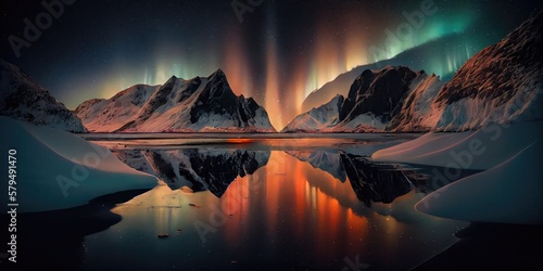 Mystical Aurora Borealis Dancing Above the Snowy mountain and lake with reflection - Generative Ai © templetify