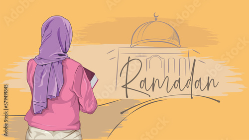 Muslim girl hijab with book., Ramadan Kareem. female students  vector back view