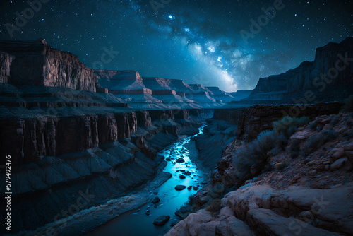 landscape photography of Grand Canyon landmark at night with starry sky and milky duck in the background. Generative AI