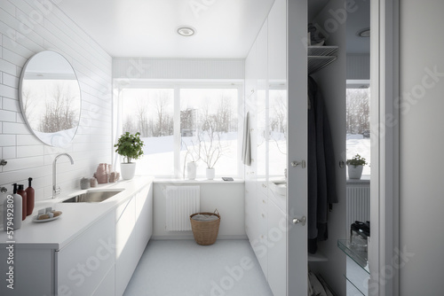 Interior of a modern bathroom in bright colors in Scandinavian style. Generative AI