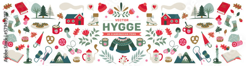 Vector illustrations of hygge mood items. Cozy winter set design elements. Floral ornaments, hot chocolate, pullover, mountains, cinnamon rolls, books. Illustration isolated on a white background