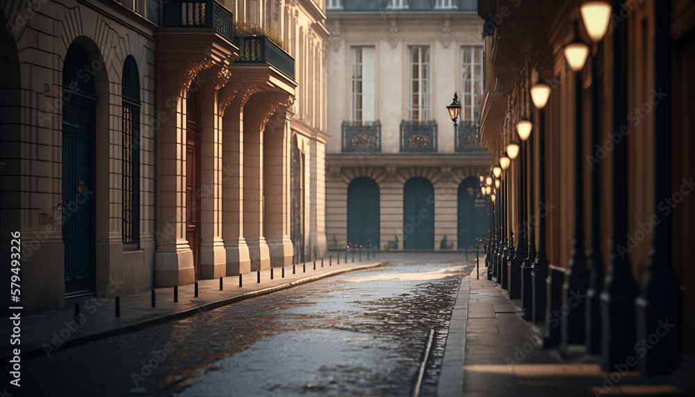 empty streets in winter with beautiful sunshine. empty streets and water on the road. winter street view after rain. City street with empty road and morning light. wide street ai generative.