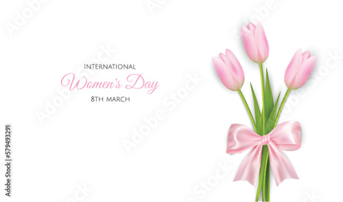 Mother's Day greeting card. Vector banner with pink tulips © Anastasiya 