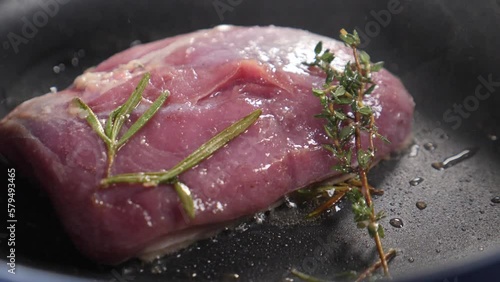 Preparing juicy duck breast in a frying pan. Slow motion. Raw Piece of Duck Filet Being Prepared and Seasoned on Pan. Cooking classic Confit Duck in French restaurant, Full hd