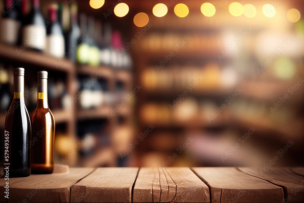Wine wooden table background. Blurred wine shop with bottles. Generative AI