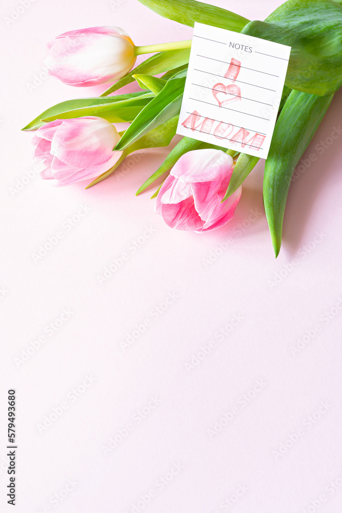 Fototapeta premium Bouquet of pink tulips on pink background. Greeting card for mother's day, women's day March 8. Celebration of spring holidays. Flat lay from flowers, top view, copy space. 