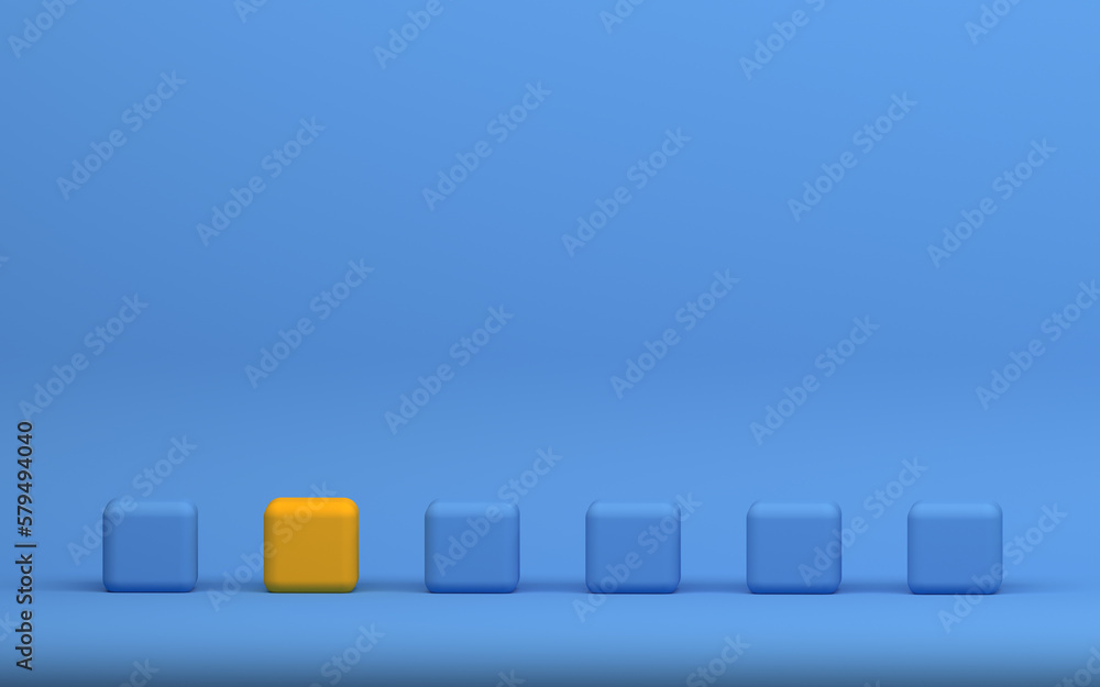 Cubes set on blue background. Render 3d box model in perspective with light and shadow. Realistic shapes. Individuality, uniqueness, difference, and standing out from the concepts. Cubes set on blue background. Render 3d box model in perspective with light and shadow. Realistic shapes. Individuality, uniqueness, difference, and standing out from the concepts.