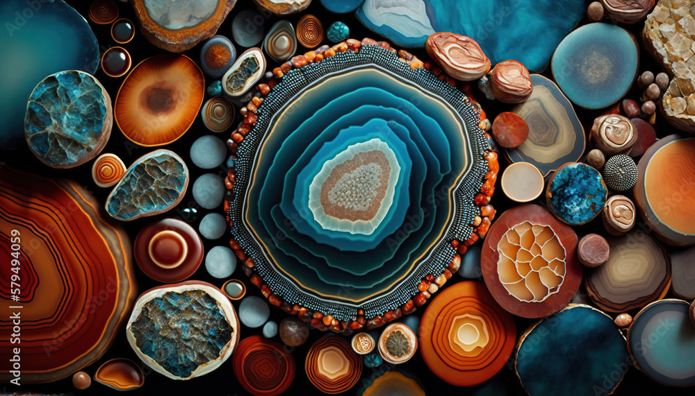 Generative AI, natural volcanic agate stones close-up turquoise, brown and orange texture. Wallpaper background, quartz marble, decorative rock pattern - obrazy, fototapety, plakaty 