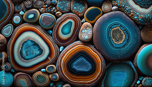 Generative AI, natural volcanic agate stones close-up turquoise, brown and orange texture. Wallpaper background, quartz marble, decorative rock pattern photo