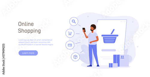 Shopping illustration concept. Woman makes purchases through mobile version of application or website in online store. Shopping creative flat vector.