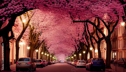Cherry Blossom Trees Line the Streets on All Sides Generative AI