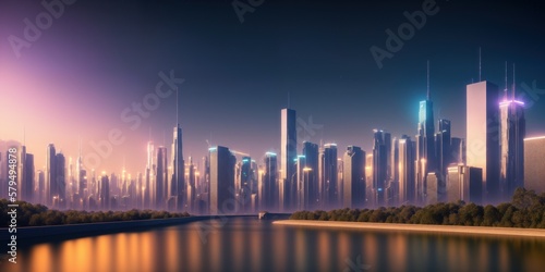 Futuristic city panoramic landscape with river. Generative AI