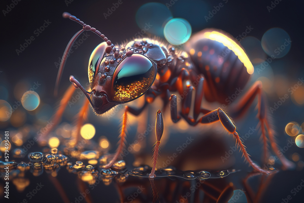 Fototapeta premium Macro photography of an ant with nice bokeh. Generative AI