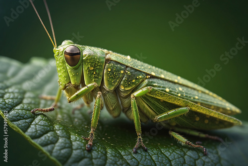 Macro photography of a grasshopper on a green leaf. Generative AI © Ivan Guia