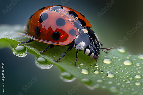Macro photography of a ladybug on a green leaf. Generative AI