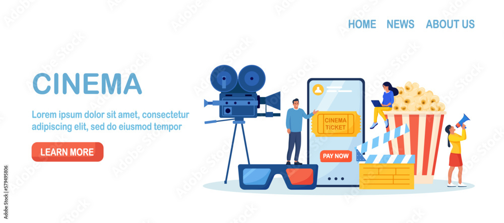 People booking cinema ticket, armchairs in theatre by mobile app. Online cinema art movie watching with popcorn bucket, 3d glasses, soda drinks and camera, clapperboard. Cinematography concept