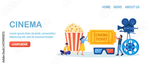 People booking cinema ticket. Mobile movie theater. Man watching online cinema with popcorn bucket, 3d glasses and camera, film strip. Cinematography. Film production. Premiere show announcement
